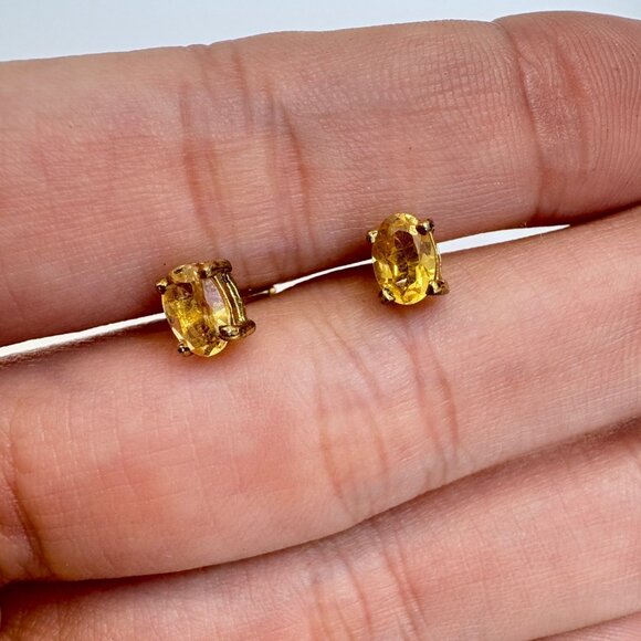 VTG Sterling Silver Gold Wash Oval Citrine Stud Earrings 1CTW Sterling Backs - Picture 7 of 8